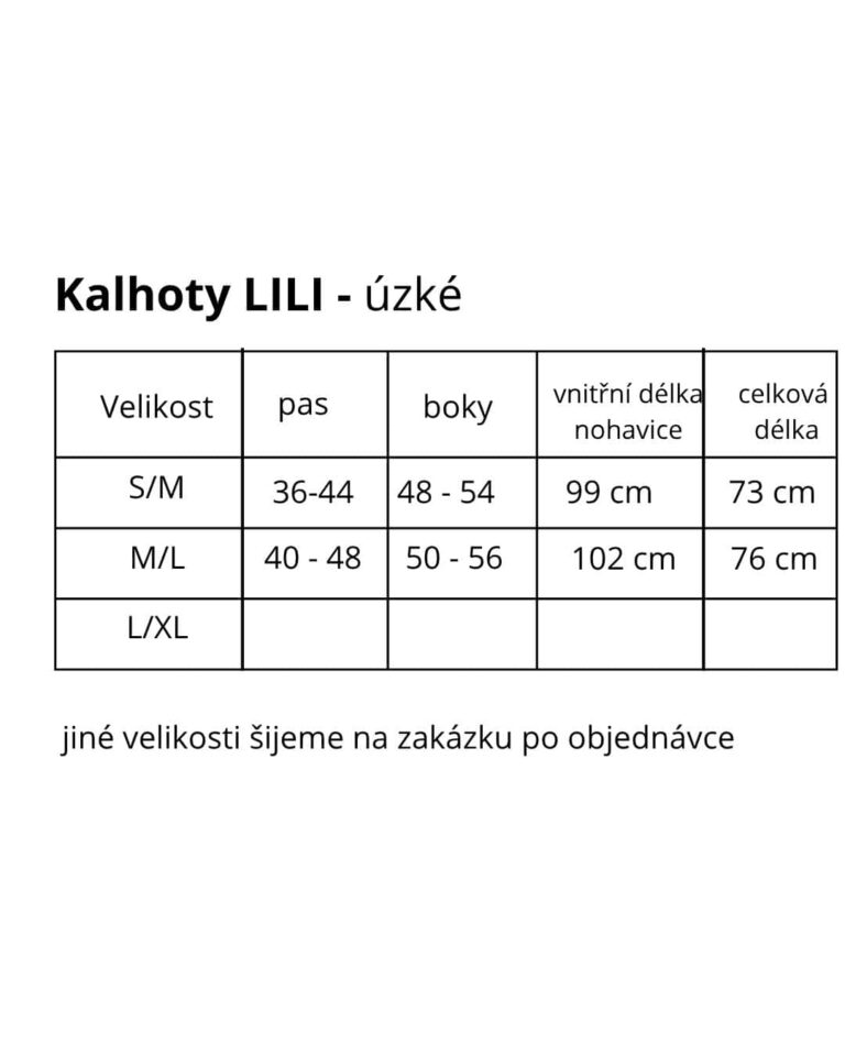 kalhoty LILI tabulka velikostí