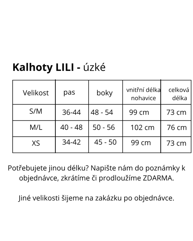 míry velikost kalhoty LILI